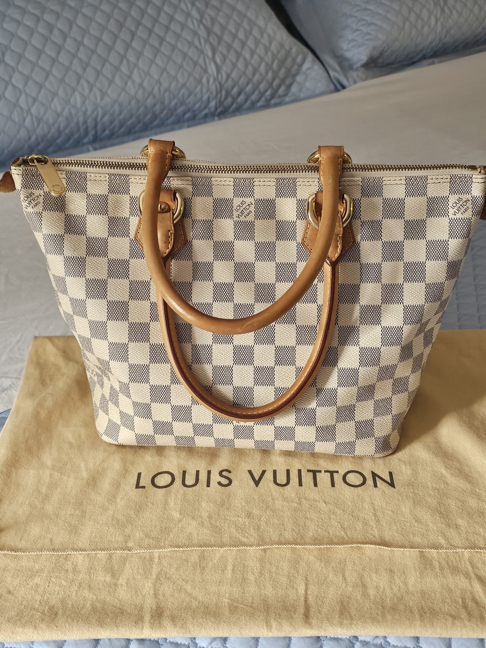 Louis Vuitton Damier Azur Canvas Tote in Beige/White with Natural Leather